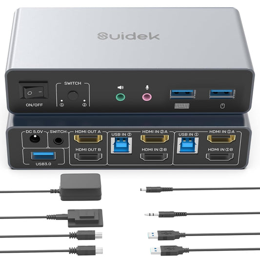 HDMI KVM Switch 2 Monitors 2 Computers, Dual Monitor KVM USB Switcher 4K@60Hz, HDMI Extended/Mirror Display for 2 PC Share 2 Monitors, with 3 USB 3.0 Port, Desktop Controller and 2 USB Cables