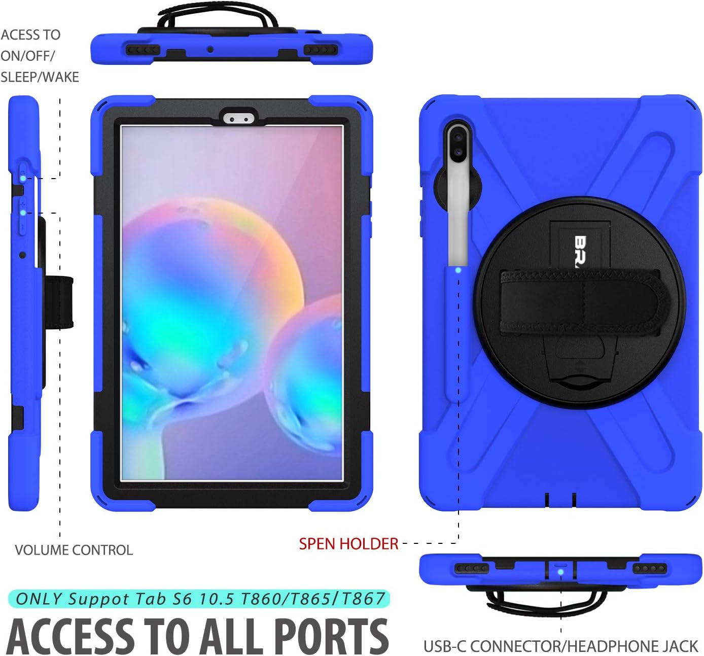BRAECN for Samsung Galaxy Tab S6 case 10.5 Inch 2019 (with S Pen Holder),Heavy Duty Drop Protection Rugged Case with [Hand Strap][Rotating Stand][Shoulder Strap],No Support Samsung Key Board–Blue