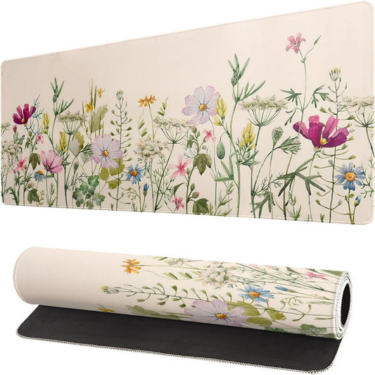 Flower Gaming Mouse Pad Large Mouse Pad for Keyboard and Mousepad Desk Mat with 3mm Non-Slip Base and Stitched Edge for Gaming and Office Computer Mat Protector Mat 31.5x11.8 Inch