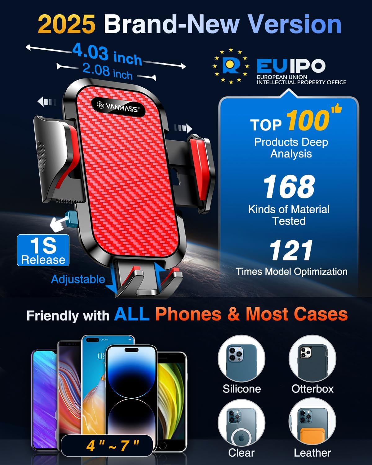 VANMASS Car Phone Holder Mount 2025 Upgraded [Patent Steel-Hook] Car Vent Phone Mount Clip Military-Grade Shockproof Cell Phone Car Mount Handsfree Truck Stand Vent Cradle for iPhone 16 Android,Red