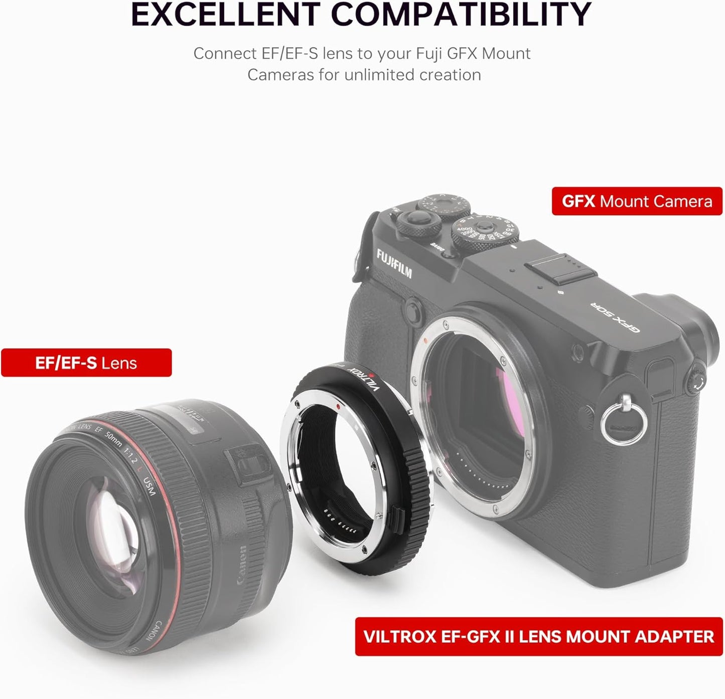 VILTROX EF-GFX II Auto Focus Lens Mount Adapter Converter with Aperture Control, EXIF Transmitting Compatible with Canon EOS EF/EF-S Lens to Fujifilm G-Mount GFX Cameras GFX 100S 50S 50R