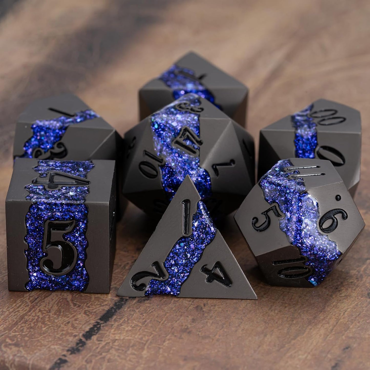 Metal DND Polyhedral Dice,Large Stripe Glitter Metallic Dice Set,Antique Silver Dice 7pcs Set for Role Playing Games(Pearl Gun Purple)