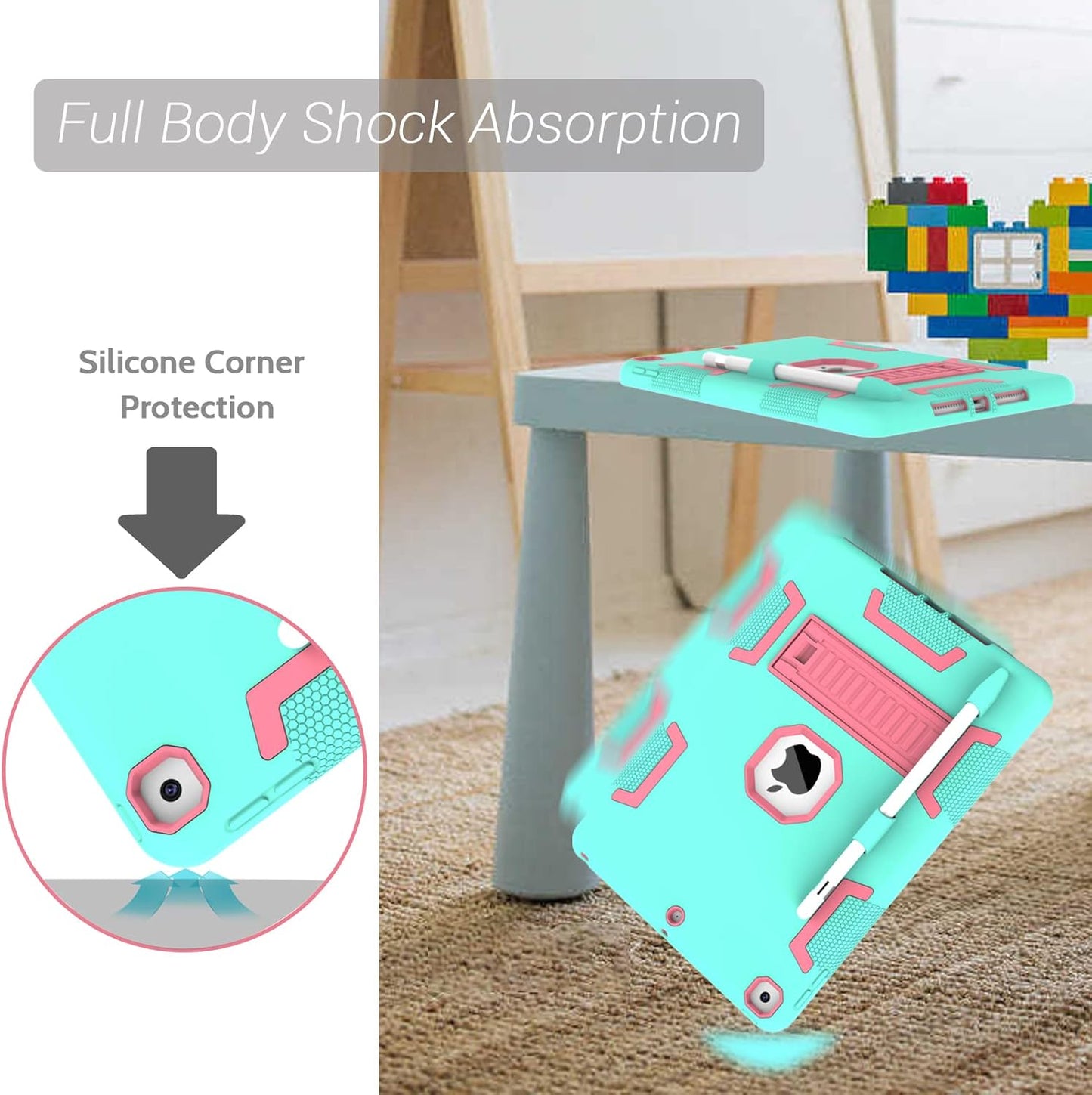 Rantice iPad 9th Generation Case, iPad 8th/7th Generation Case, iPad Case with Kickstand and Pencil Holder for iPad 10.2 Case(Mint Green+Rose)