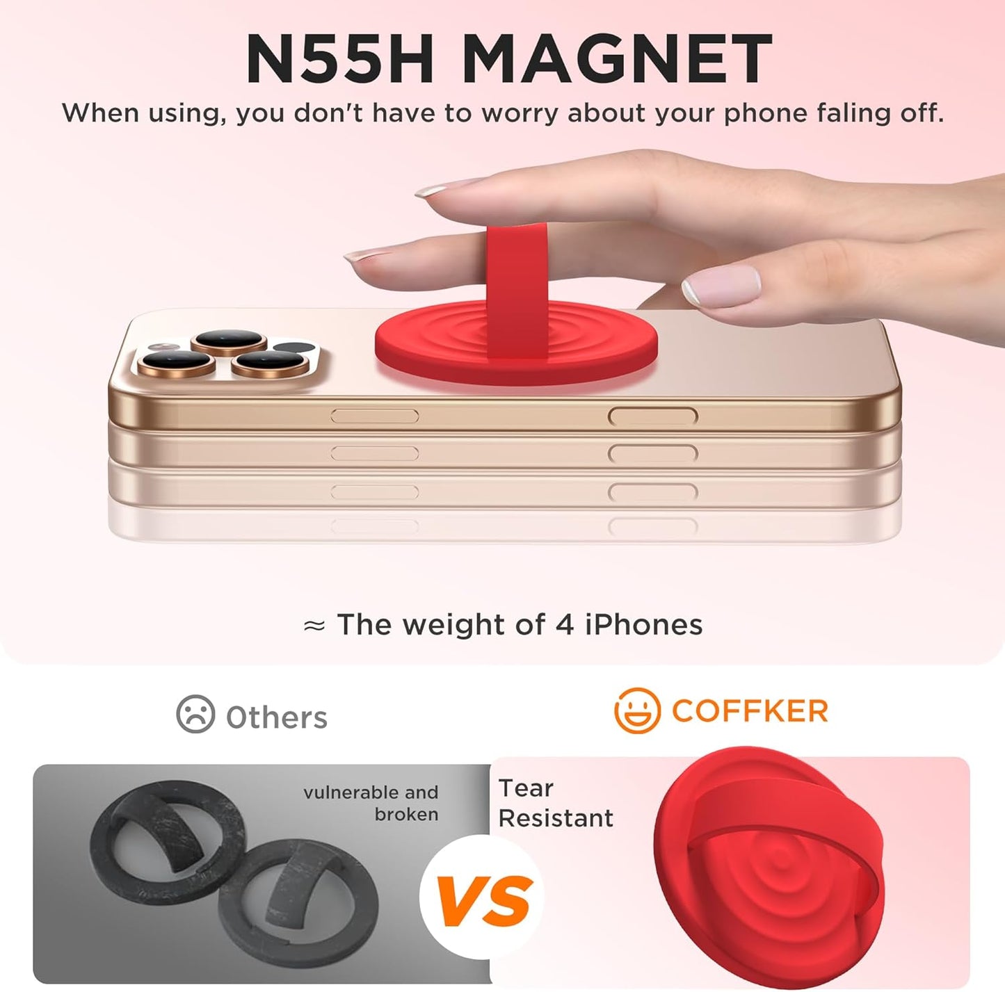 Magnetic Phone Ring Grip Holder, Silicone Finger Loop Grip, Compatible with MasSafe, Back of Phone for iPhone Pro Max/Plus/16/15/15/14/13/12 Series, Red