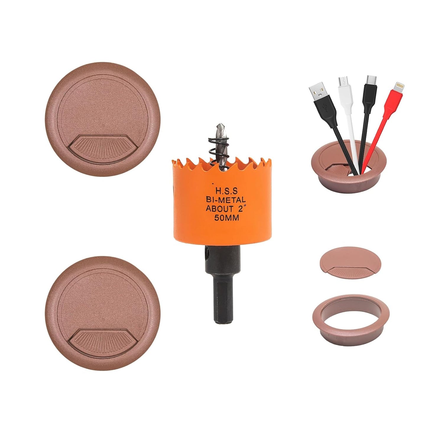 Desk Grommet 2 inch with Hole Saw, Desk Cord Hole Cover Grommet for Cables, 2 PCS, Brown