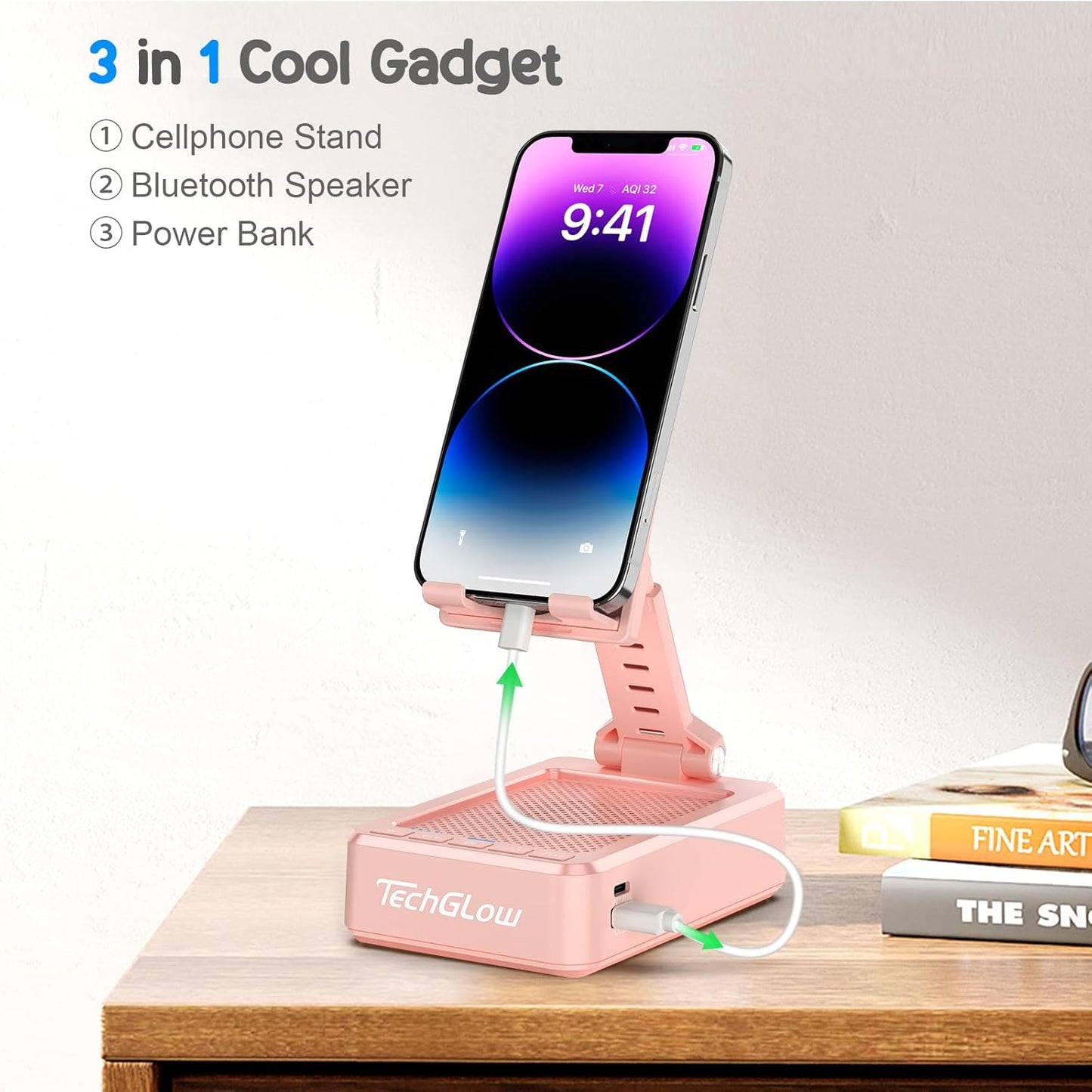TechGlow Gifts for Men Women Foldable Cellphone Stand with Bluetooth Speaker and Power Bank Birthday Gift Idea for Mom Dad Cool Gadget Tech Gifts-Pink