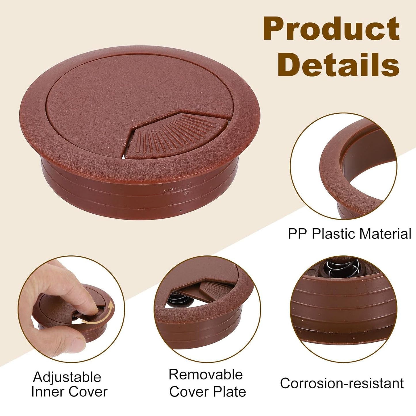 uxcell 8 Pcs 53mm (2.09 Inch) Desk Grommet, Plastic Cable Hole Cover, Wire Cord Cable Organizer for Home Office Computer Desk Cabinet, Brown