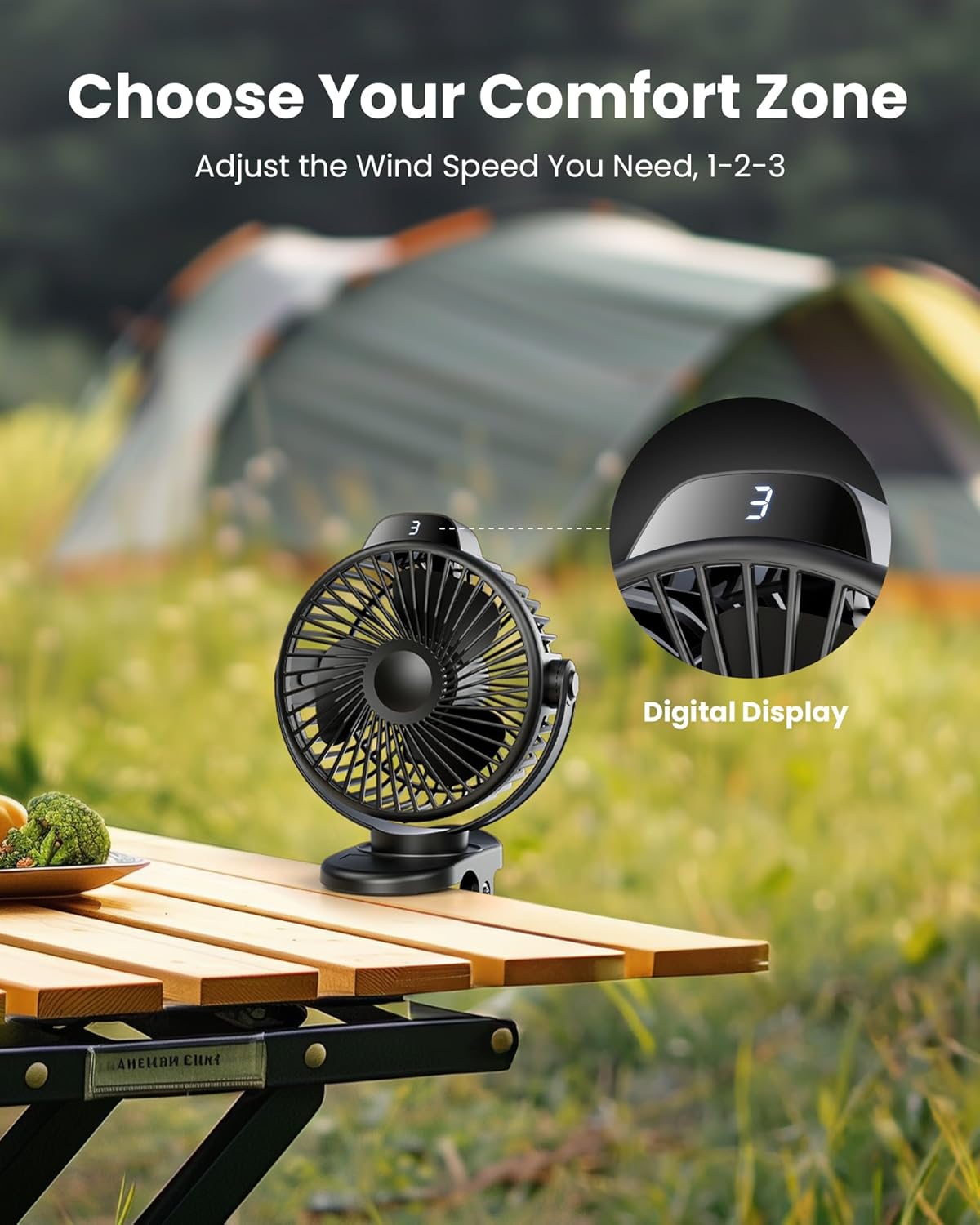 Koonie Portable Clip On Fan, Small USB Fan Battery Operated, 3 Speed Rechargeable Mini Fan With LED Display, 360° Rotate Personal Cooling Desk Fan for Stroller Travel Camping Golf Gym