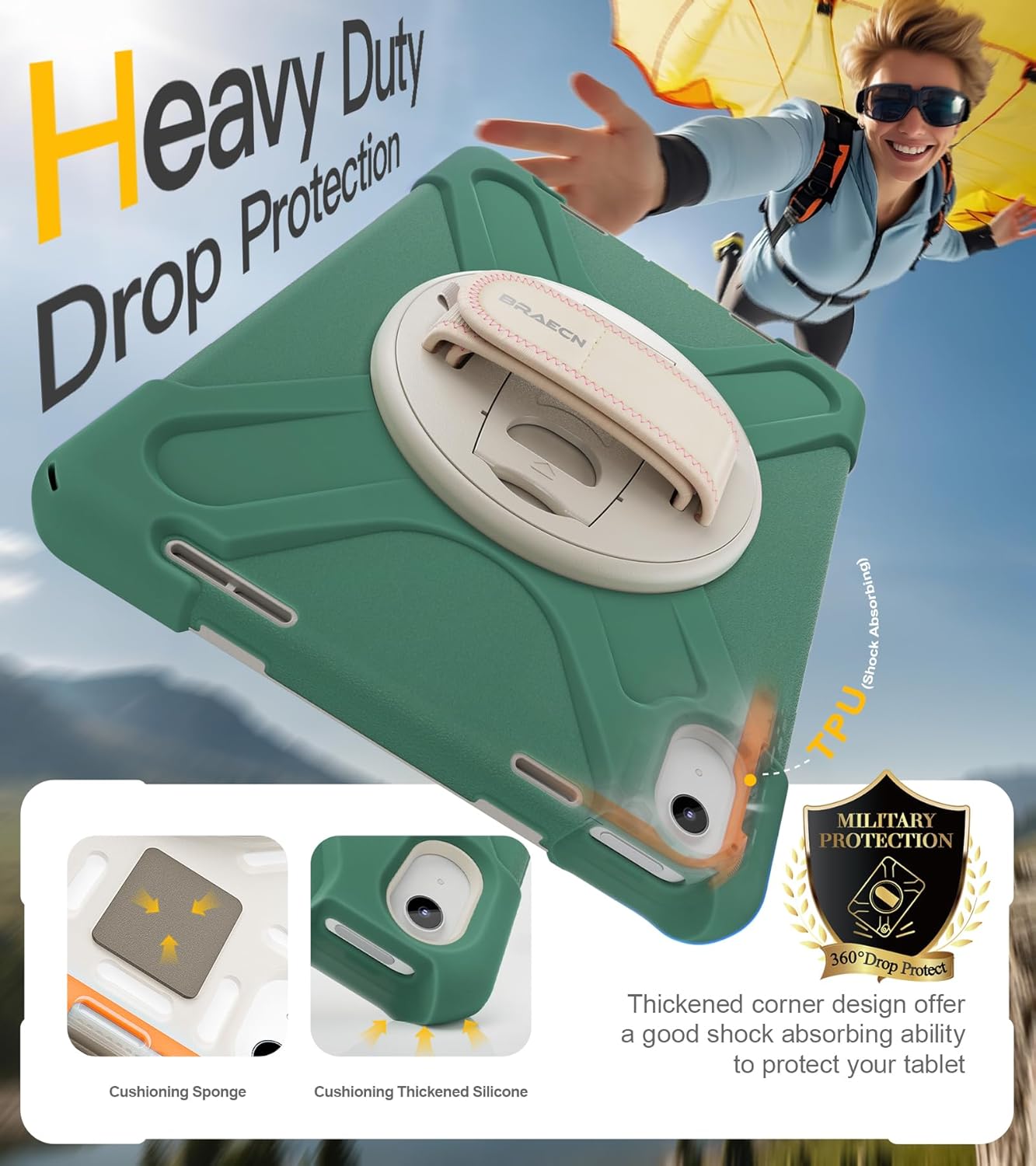 BRAECN for iPad (A16) 11th/10th Generation case 11/10.9 inch 2025/2022 Heavy Duty Shockproof Protective with Pencil Holder Screen Protector 360°Rotating Stand Handle & Shoulder Strap Full Body Cover