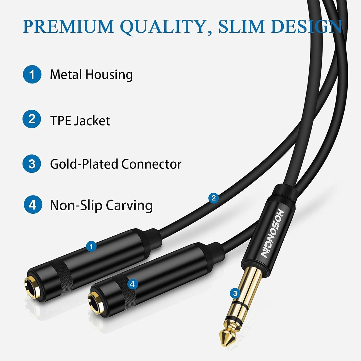HOSONGIN 1/4" Stereo Splitter Cable (2-Pack), 1/4 Inch TRS Male to Dual TRS Female Y Adapter, Gold-Plated, Noise-Free Audio Cable for Headphones, Amplifiers, Studio, 1.6Ft (20 inch)