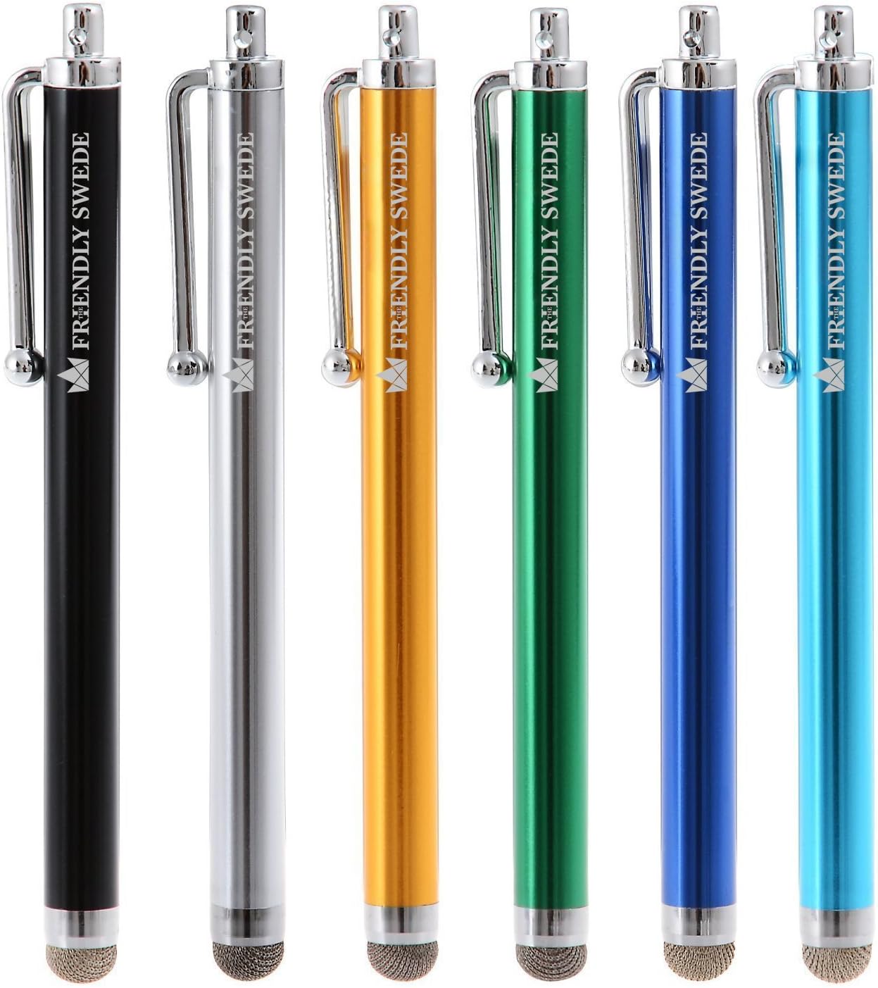 The Friendly Swede Micro-Knit Stylus Pen for Touchscreen — 6-Pack Hybrid Fiber Tip Universal Capacitive Stylus Pen for iPad; Lanyards & Cleaning Cloth - Silver/Aqua Blue/Green/Dark Blue/Yellow/Black
