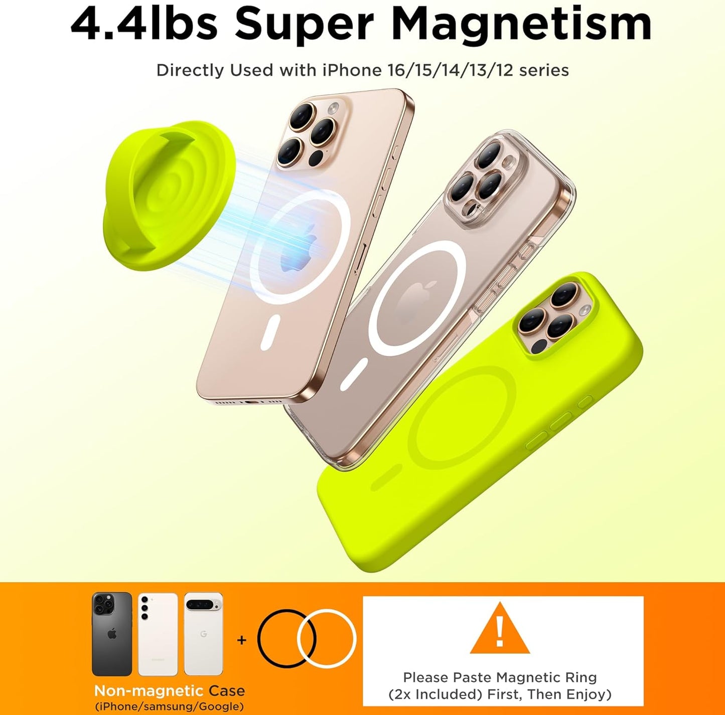 Magnetic Phone Ring Grip Holder, Silicone Finger Loop Grip, Compatible with MasSafe, Back of Phone for iPhone Pro Max/Plus/16/15/15/14/13/12 Series, Neon Yellow