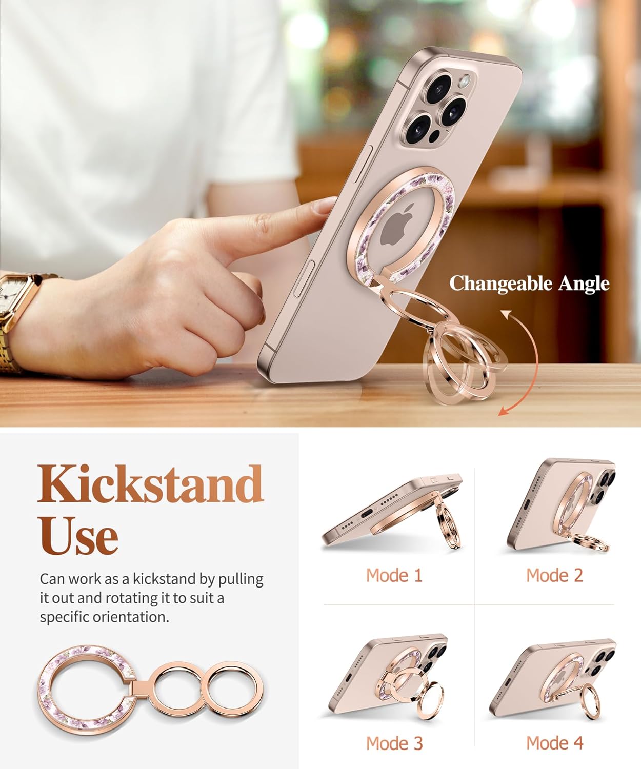 GVIEWIN Magnetic Phone Ring Holder, Compatible with MagSafe Phone Grip with Adjustable Stand, Magnet Phone Ring Kickstand for iPhone 16 Pro Max/Plus/15/14/13/12 Series/Other Phones (Cherry Blossoms)