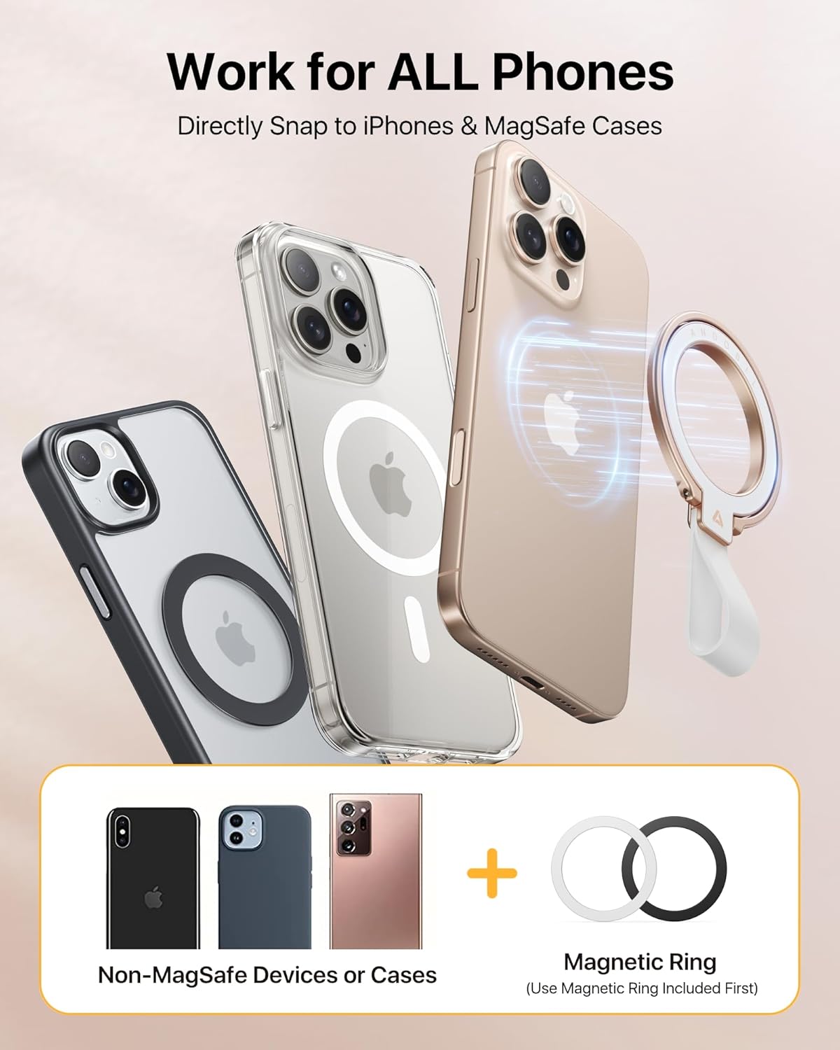 andobil [2025 Unrivaled Stability] Magnetic Phone Grip Holder for MagSafe Ring Stand Holder Kickstand Compatible with MagSafe Accessories for iPhone 16 Pro Max Plus iPhone15/14/13/12&Android,Rosegold