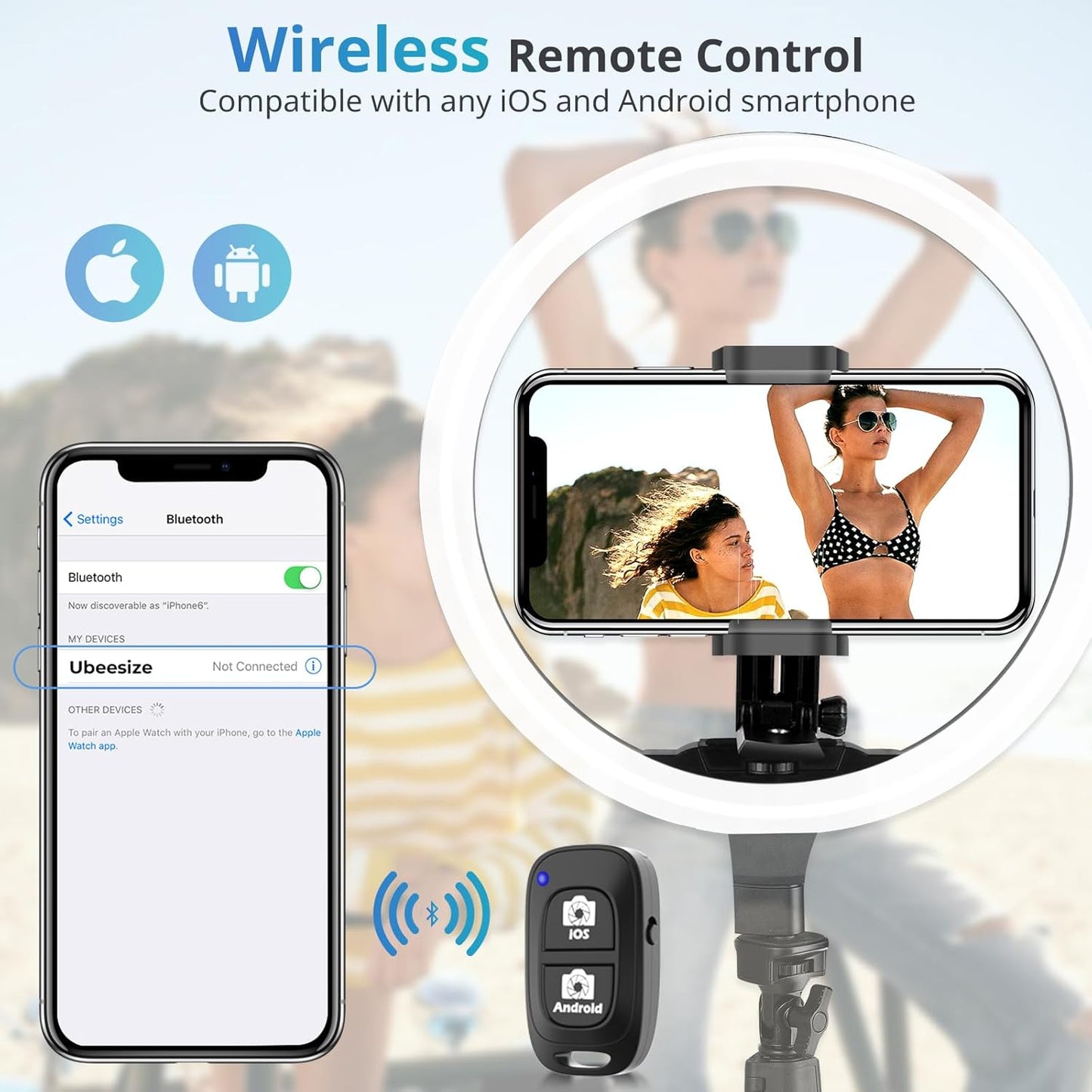 UBeesize Cell Phone Tripod Mount with Wireless Remote, Selfie Stick Monopod Head and Tripod Adapter Stand Holder Compatible with Phone Android and All Phones White