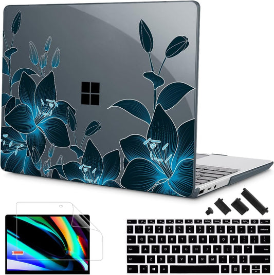 Tuiklol Case for 15 Inch Microsoft Surface Laptop 5/4/3 2022-2020, Model 1979/1953/1872/1873 Hard Shell Cover, Keyboard Cover+Screen Protector+Dust Plugs,Black Lilies Flowers