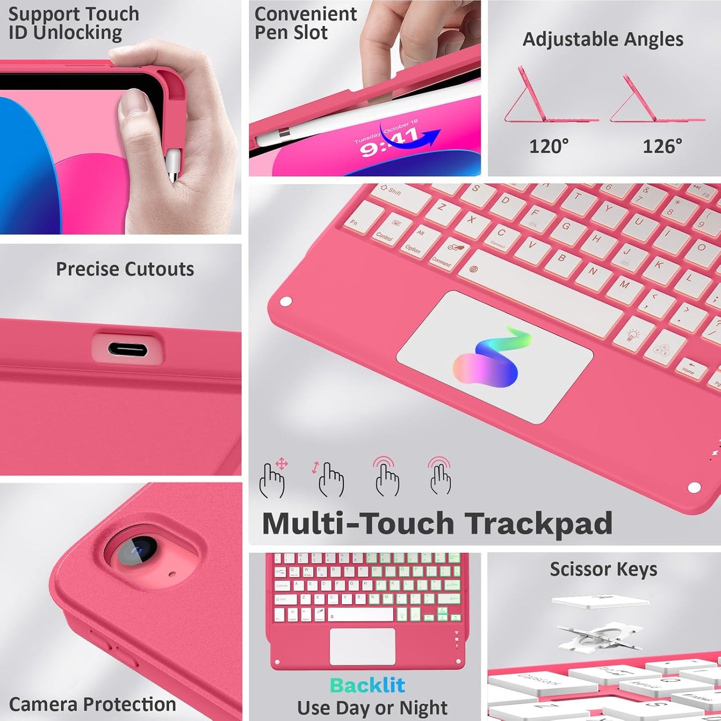 MoKo Touch Keyboard Case for iPad (A16) 11th Generation 11 inch 2025, iPad 10th Generation 10.9 inch Case with Pencil Holder, 7 Colors Backlit Multi-TrackPad Detachable Bluetooth Keyboard, Pink
