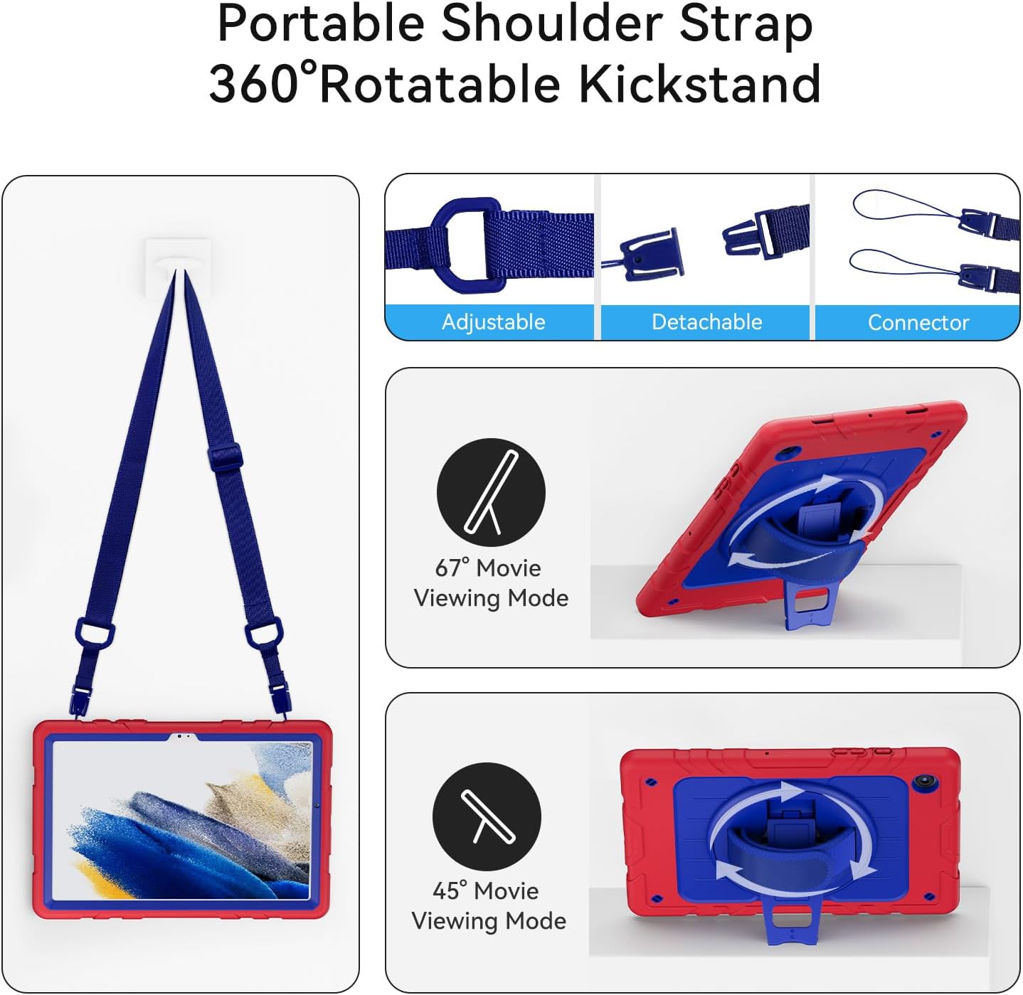 for Samsung Galaxy Tablet A8 Case 10.5 inch 2022 SM-X200/X205/X207 with Screen Protector [360 Rotating Stand] &Hand Shoulder Strap Shockproof Rugged Protective Cover|Red&Blue
