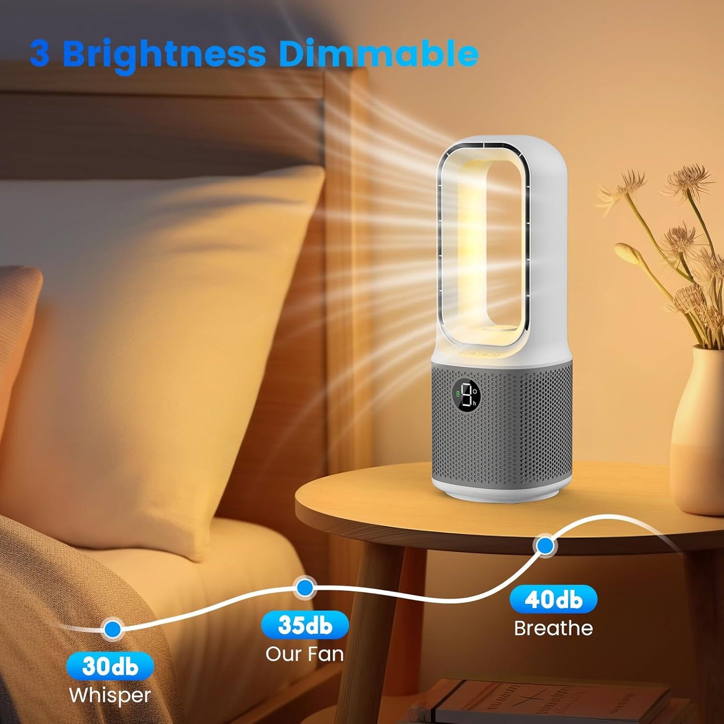 Misby Desk Fans Small Quiet, 13 Inch Bladeless Table Fan, 9 Speeds for Powerful Airflow, 70° Oscillating Fan with Night Light and Timer, Desktop Cooling Fan for Bedroom, Office, Nightstand, Grey