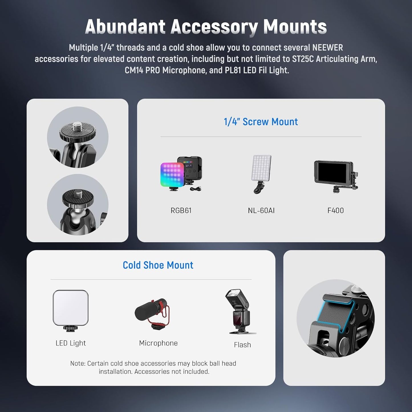 NEEWER Super Clamp with 3" Dual Ballhead Magic Arm, Ball Head Adapter, Cold Shoe, Phone Holder, Action Camera Clamp Mount for Flat/Round Surface Compatible with GoPro DJI iPhone 15 Pro Max, ST85