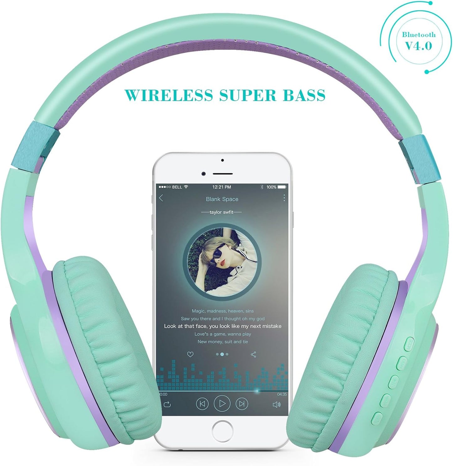 Riwbox Bluetooth Headphones, XBT-80 Folding Stereo Wireless Bluetooth Headphones Over Ear with Microphone and Volume Control, Wireless and Wired Headset for PC/Cell Phones/TV/Gym (Purple Green)