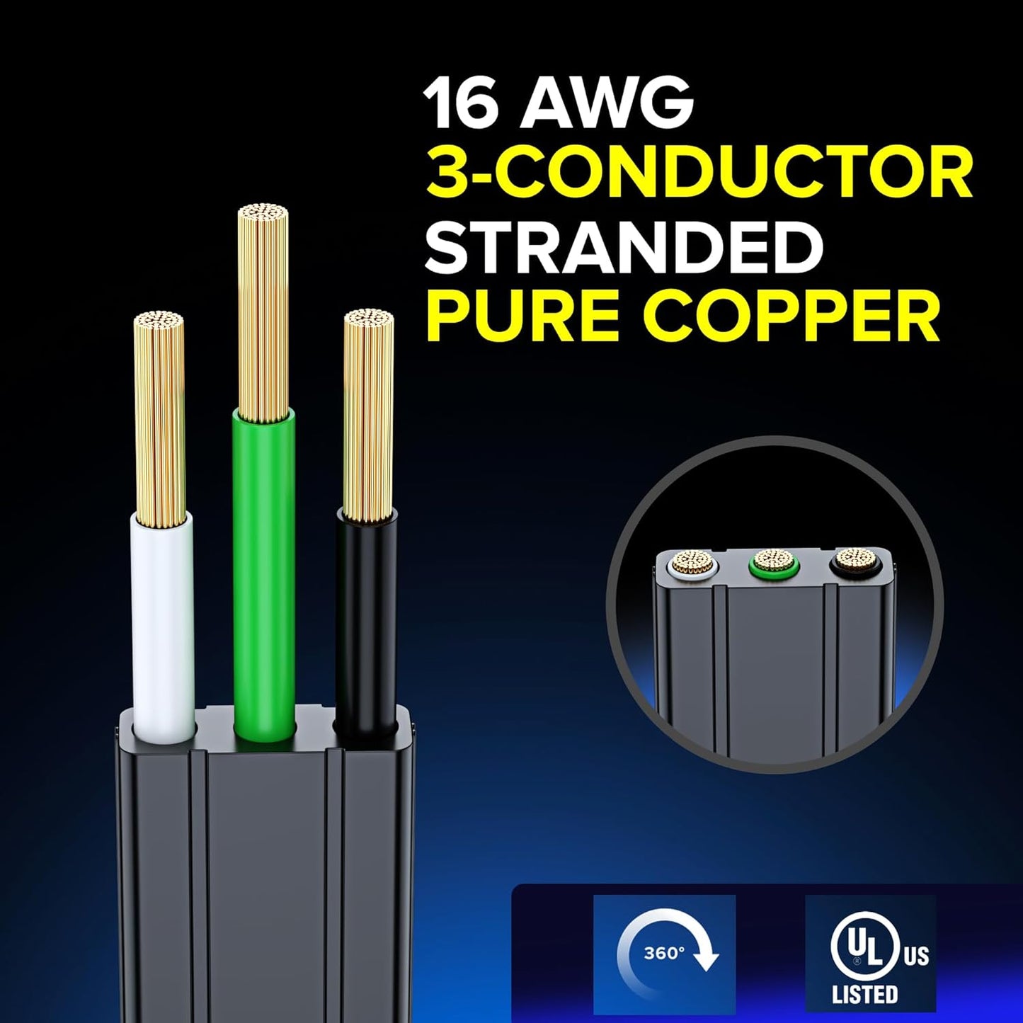 Maximm Cable 3 Ft 360° Rotating Flat Plug Extension Cord/Wire, 16 AWG Multi 3 Outlet Extension Wire, 3 Prong Grounded Wire - Black - UL Certified