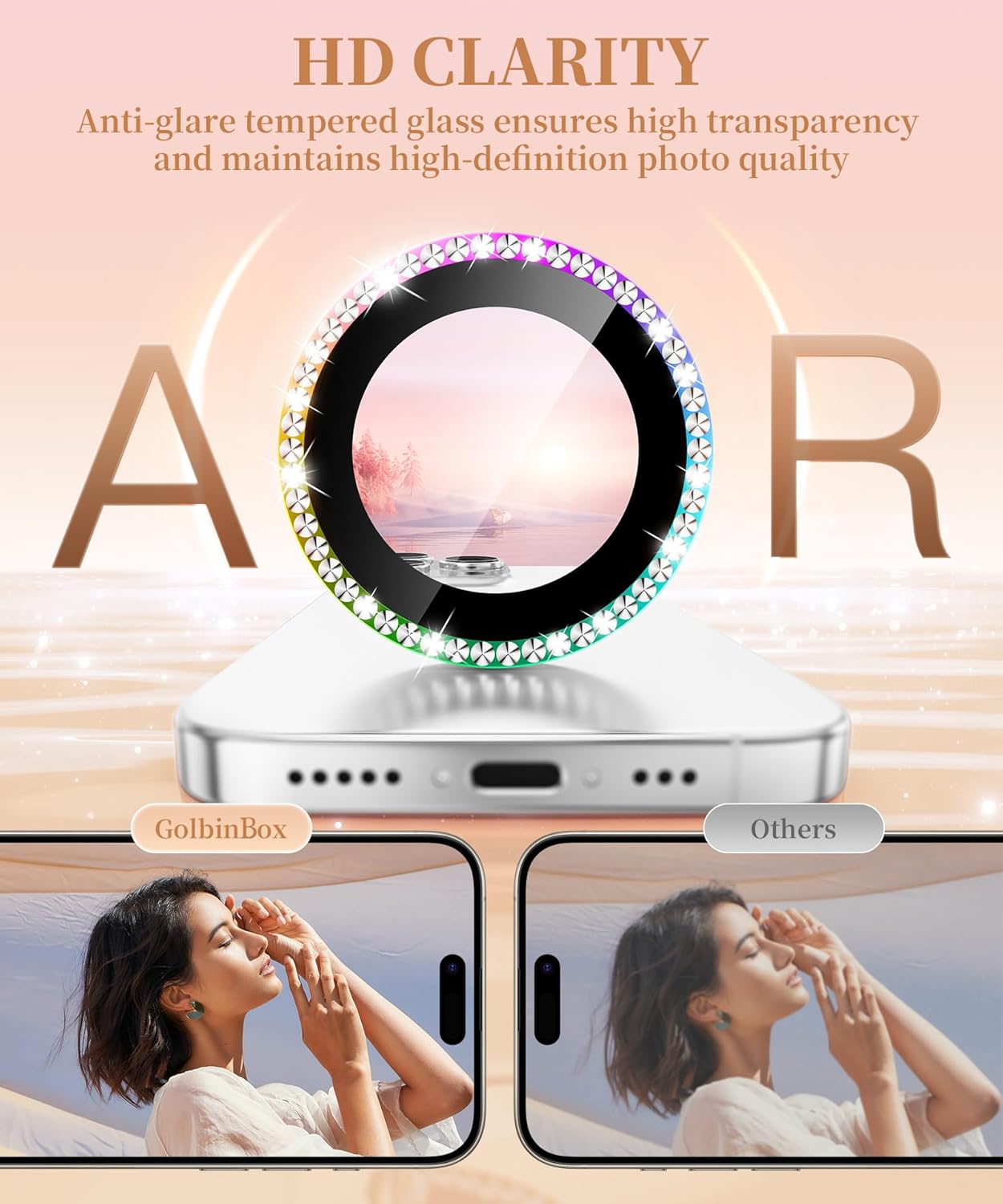 GolbinBox Camera Lens Protector for iPhone 16 Pro Max/16 Pro, 1:1 Invisible Fit, 9H Tempered Glass Ultra HD Metal Individual Camera Cover Screen Protectors for Women, Case Friendly, Bling/Colorful