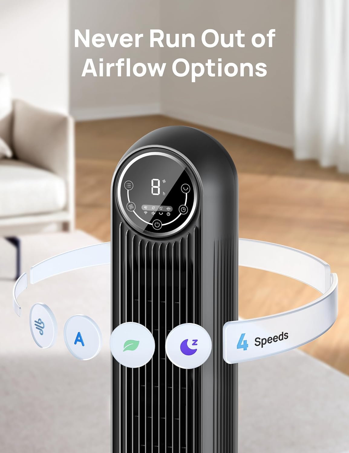 Dreo Tower Fan for Bedroom, 25ft/s Velocity Quiet Floor Fan, 90° Oscillating Fans for Indoors with 4 Speeds, 4 Modes, 8H Timer, Standing Fans, Bladeless Fan, Black, Nomad One (DR-HTF007)