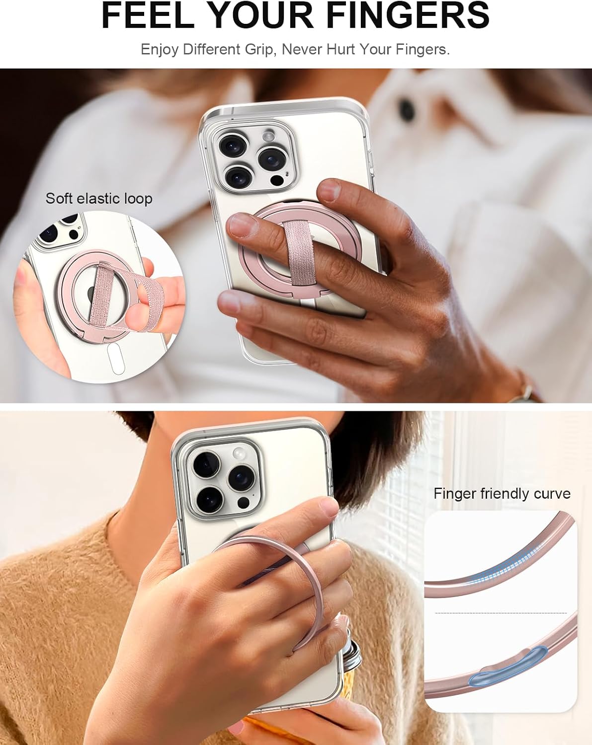 EWA MagOne Ultra Phone Grip Stand with Replaceable Elastic Finger Loop, Removable Magnetic Ring Holder Kickstand Loop, Double-Sided Magnetic Accessories for iPhone 16, 15, 14, 13 Pro/Max/Plus-Roseglod