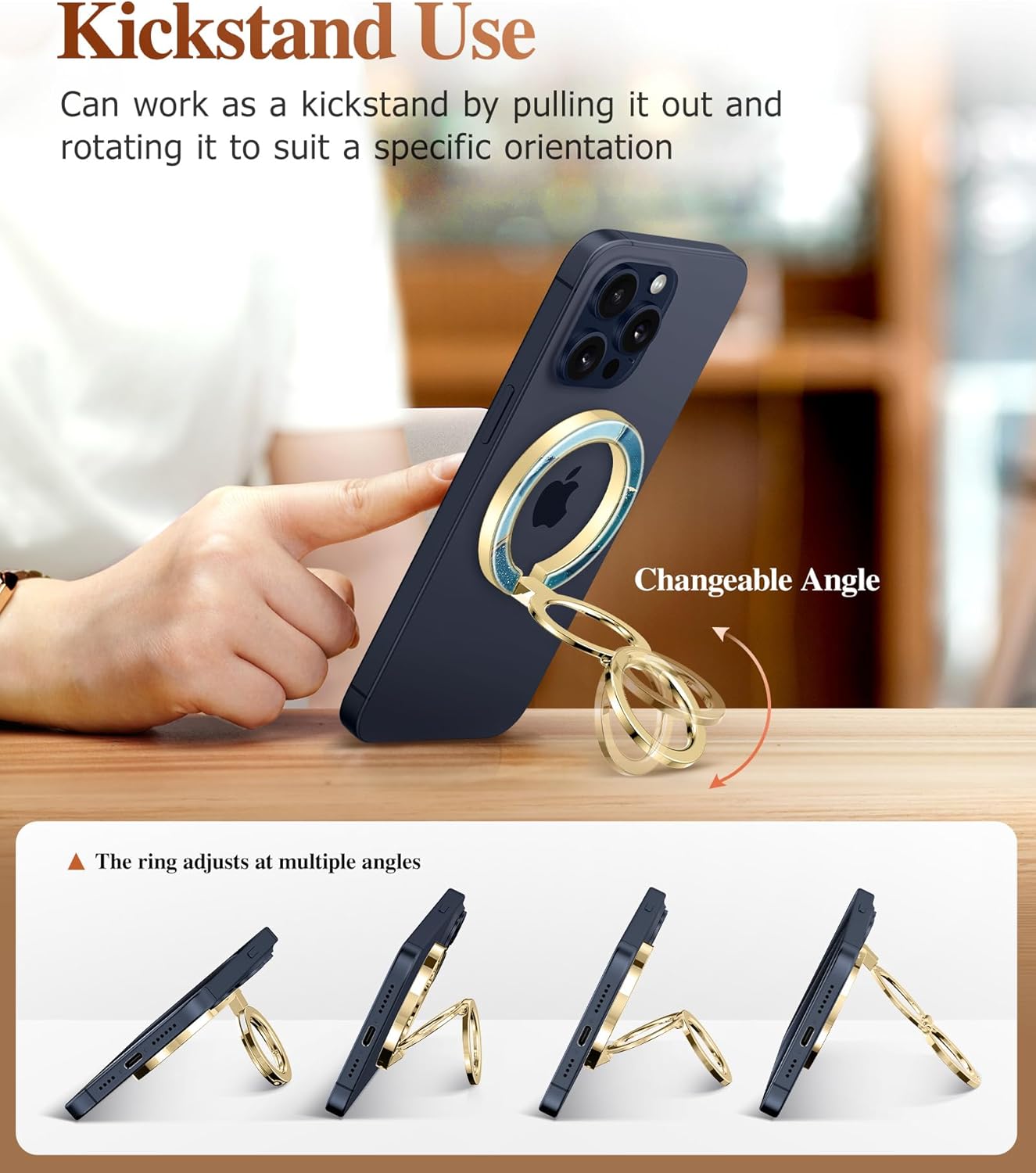 GVIEWIN Magnetic Phone Ring Holder, Compatible with MagSafe Phone Grip with Adjustable Stand, Magnet Phone Ring Kickstand for iPhone 16 Pro Max/Plus/15/14/13/12 Series/Other Phones (Navy Blue)