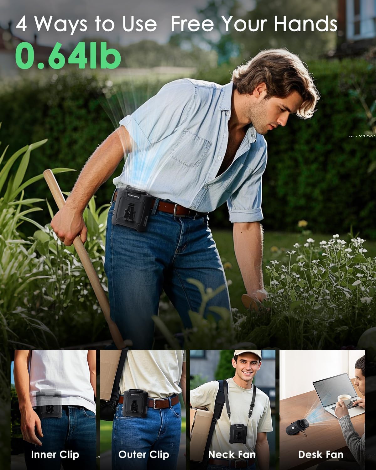 Portable Waist Fan Clip on, Personal Wearable Belt Fan 10000mAh Rechargeable Battery Under Shirt,5 Speeds with light, Neck Fan Hands-Free Cooling For Outdoor Camping Travel (Black)