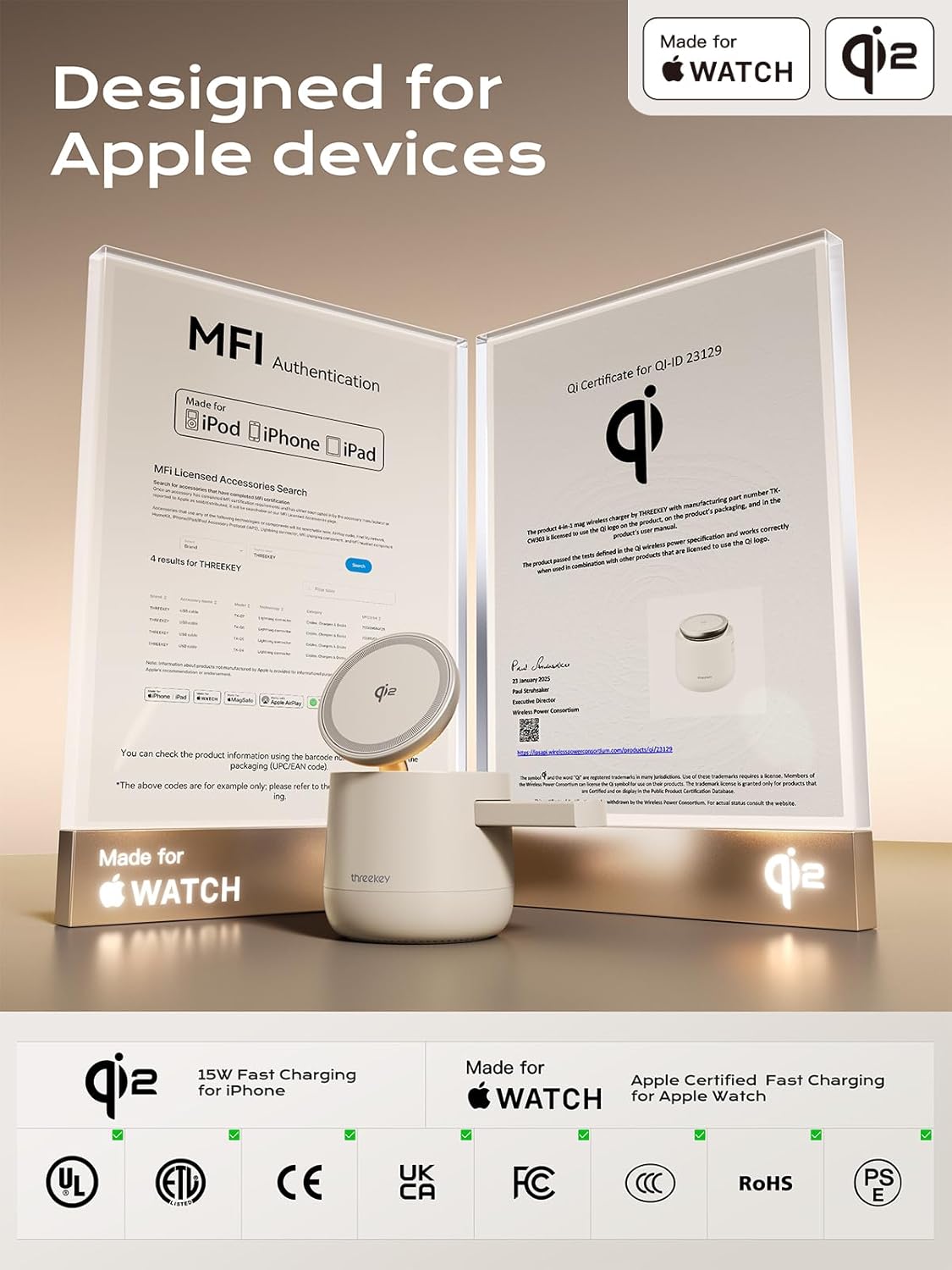 MFI Certified by Apple, 4 in 1 Magsafe Wireless Charging Station, Qi2 15W Magsafe Charger for iPhone 17/16/15/14/13/12 Series, iWatch, Airpods, iPad, 65W Charger Included (Sand, 4 in 1)