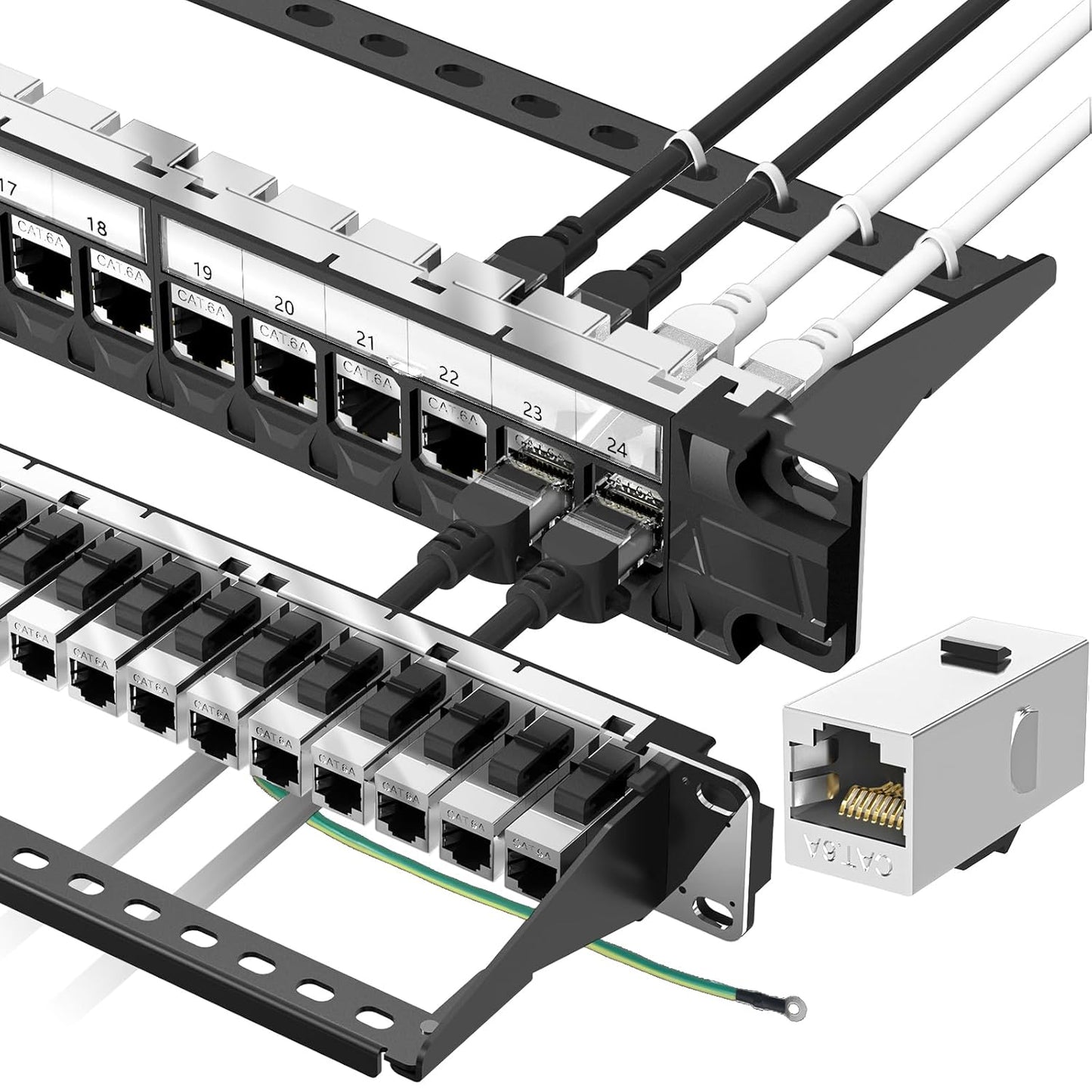Jadaol 24 Port Shielded Patch Panel Rack or Wall Mount 19-Inch, 1U Cat6A Network Panel Preloaded with 24 Keystone Couplers Plus 1 Spare, 10Gbps Ethernet Panel with Cable Management & Back Support Bar