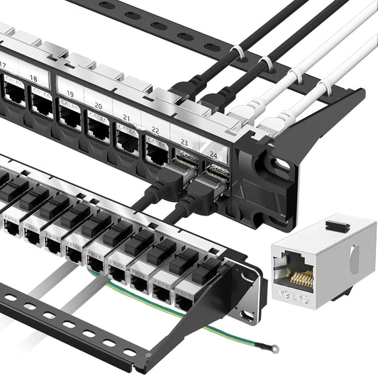 Jadaol 24 Port Shielded Patch Panel Rack or Wall Mount 19-Inch, 1U Cat6A Network Panel Preloaded with 24 Keystone Couplers Plus 1 Spare, 10Gbps Ethernet Panel with Cable Management & Back Support Bar