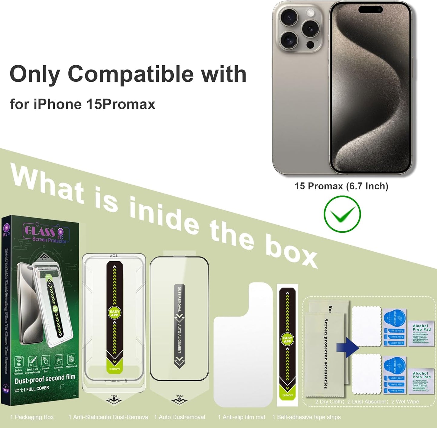 [2-Pack Ultra HD Clear Screen Protector for iPhone 15 Pro Max (6.7-Inch),9H Tempered Glass,Full Coverage,Anti-Fingerprint,Auto Dust Removal,Bubble-Free,Easy Installation