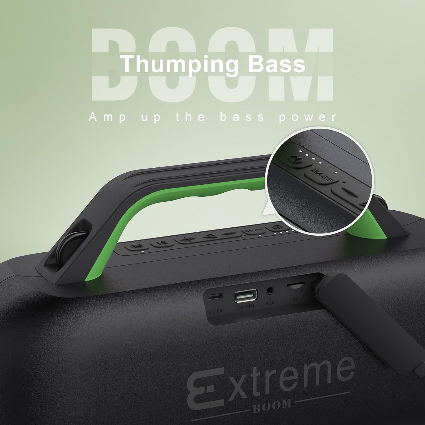 DOSS Extreme Boom Bluetooth Outdoor Speaker with 60W Mighty Sound, Deep Bass, 30H Playtime, USB-C, Bluetooth 5.3, IPX6 Waterproof with Portable Strap for Camping, Beach, Garage-Green