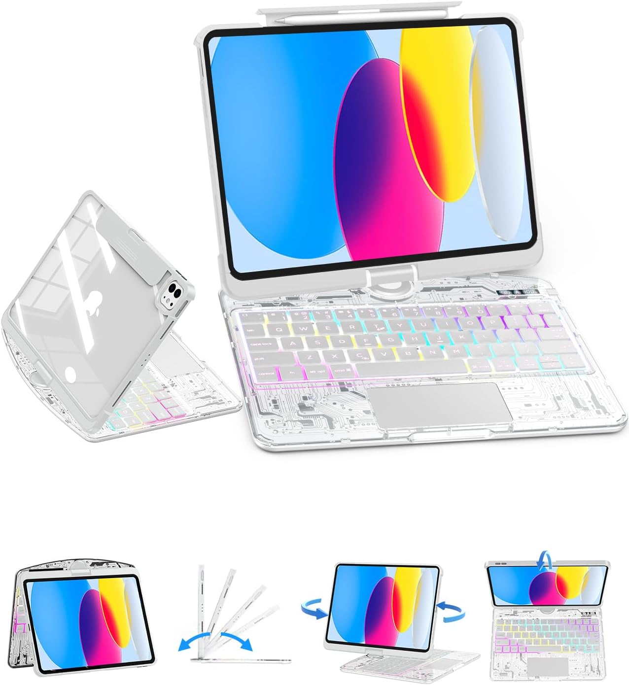 SIBEITU Keyboard Case for iPad A16 11th Gen 11" 2025 & 10th Gen 10.9" 2022, Clear Wireless Keyboard Protective Cover with Multi-Touch Trackpad, 7-Color Backlight & 3-Brightness, 360 Rotatable, White