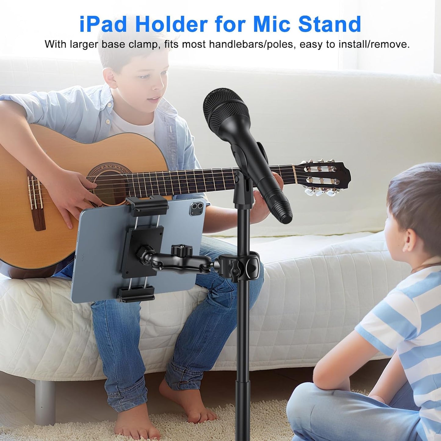 PLDHPRO Tablet Holder for Mic Stand 360° Swivel iPad Music Stand Mount for Microphone with Clamp, Musicians Stage Portable Stands Guitar Tripod Accessories Compatible 5.1-15.6'' Devices
