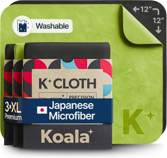 Koala Lens Cleaning Cloth | Japanese Microfiber | Glasses Cleaning Cloths | Eyeglass Lens Cleaner | Eyeglasses, Camera, VR/AR Headset, and Screen Cleaner | Black & Green (Pack of 3)