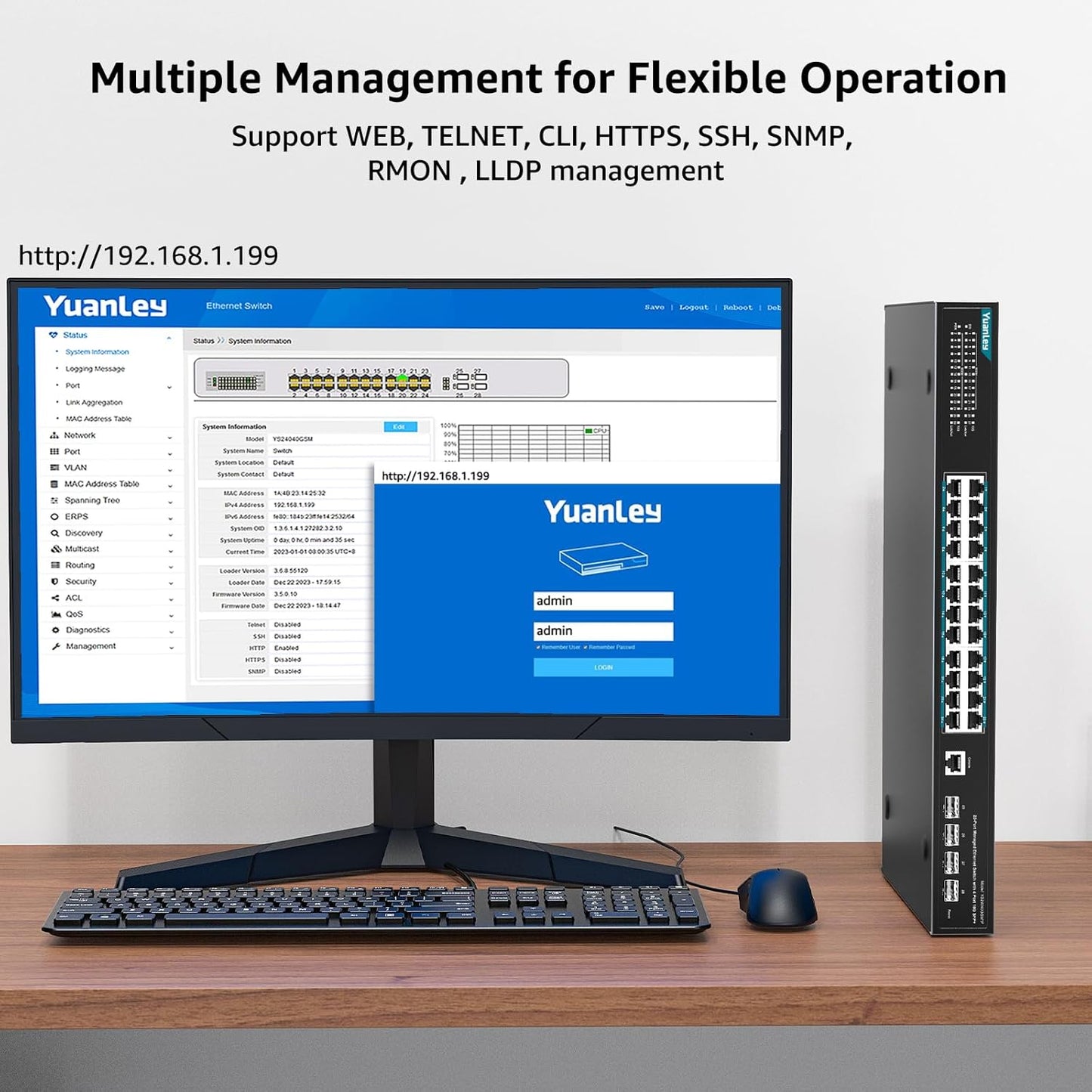 YuanLey 28 Port Gigabit Managed PoE Switch with 24 10/100/1000Mbps PoE+ Ports, 4X 10Gbps SFP+, L3 Smart Managment Ethernet Switch, VLAN, QoS, ACL, SSL, Fanless, Rackmount Network Switch