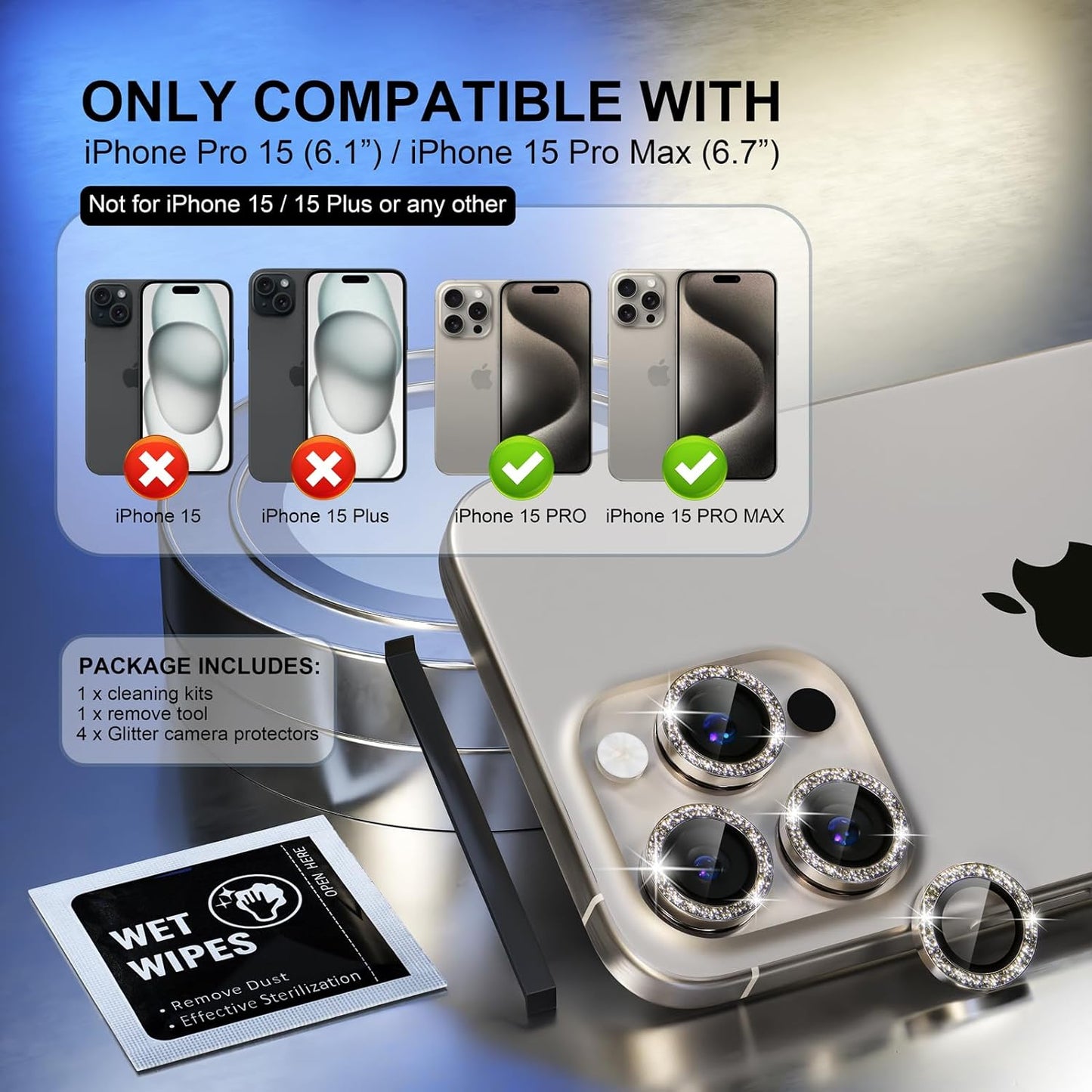 Choiche Compatible for iPhone 15 Pro/iPhone 15 Pro Max Camera Lens Protector Bling, 9H Tempered Glass Camera Cover Screen Protector Metal Ring Decoration Accessories (Glitter-Titanium Gray)