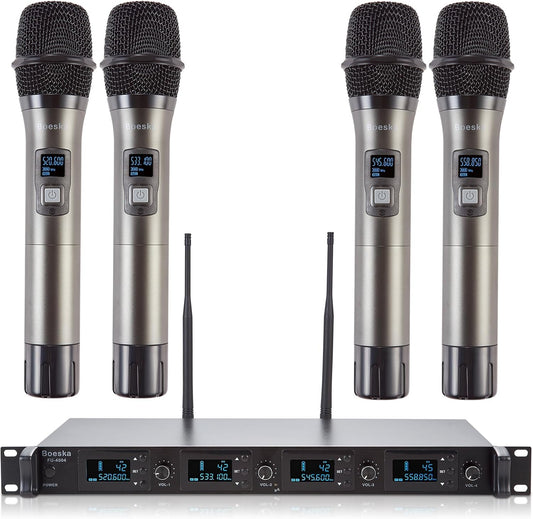 Wireless Microphone System, 4-Channel UHF Wireless Mic, Fixed Frequency Metal Cordless Mic with 4 Handheld Dynamic Microphones, 200ft Range, Mics for Singing, Church (4 Handheld)
