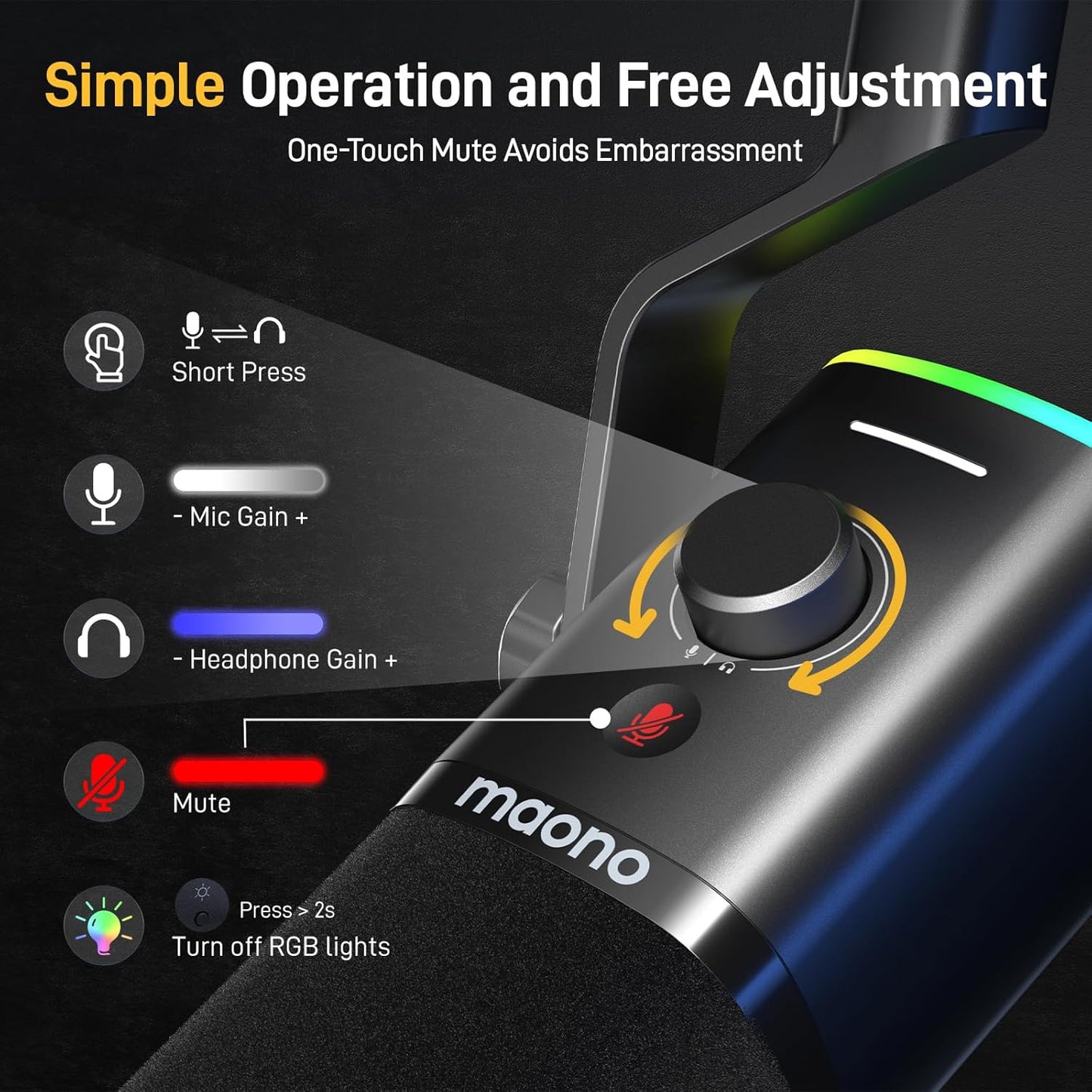 MAONO USB/XLR Dynamic Microphone for Gaming Streaming,Computer PC Microphone with Software-RGB, Mute Button, 48kHz/24bit Podcasting Desktop Mic for YouTube Video Recording PD100X