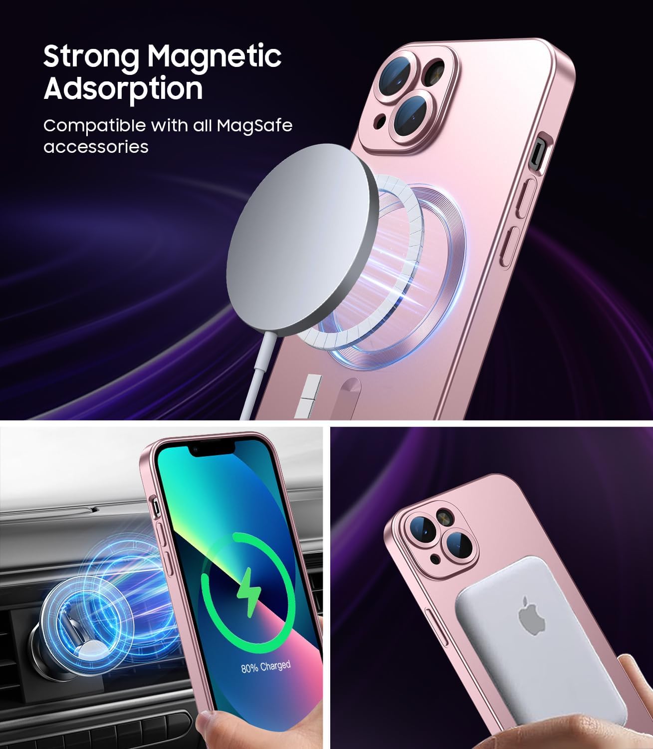 Magnetic for iPhone 13 Case [Compatible with MagSafe][Built-in Camera Lens Protector] Slim Soft Silicone Bumper Shockproof Metallic Luster Phone Case (Rose Gold)