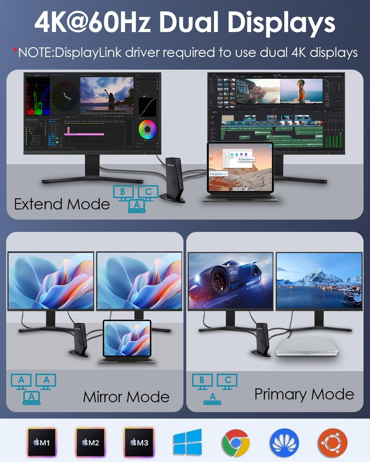 WAVLINK USB 3.0 and USB-C Universal Laptop Docking Station with 65W, Dual Monitor Docking Station for Windows or Mac, 4K HDMI (2 HDMI,2 Display Ports,3 USB-A, 2 USB-C, Ethernet, Audio&Mic)