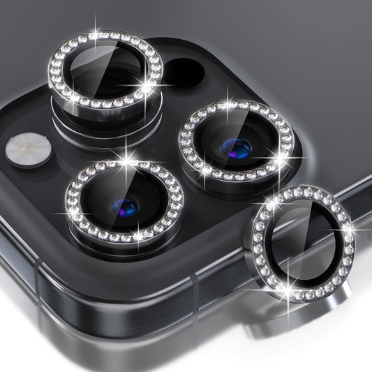 Choiche Compatible for iPhone 16 Pro/iPhone 16 Pro Max Camera Lens Protector Bling, 9H Tempered Glass Camera Cover Screen Protector Metal Ring Decoration Accessories (Diamond-Black)