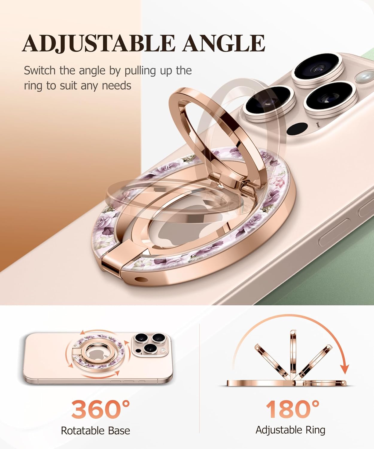 GVIEWIN Magnetic Phone Ring Holder, Compatible with MagSafe Phone Grip with Adjustable Stand, Magnet Phone Ring Kickstand for iPhone 16 Pro Max/Plus/15/14/13/12 Series/Other Phones (Cherry Blossoms)