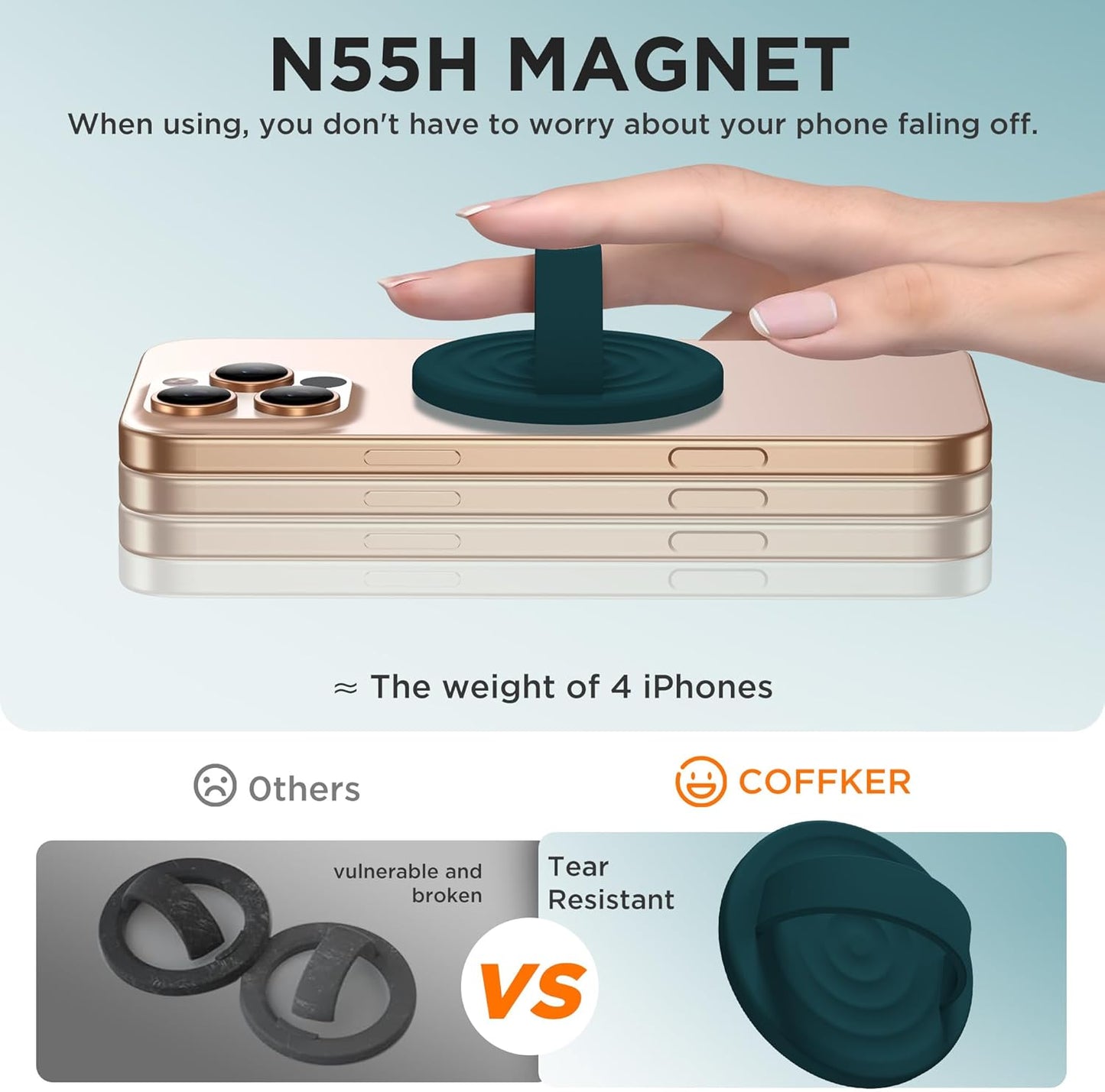 Magnetic Phone Ring Grip Holder, Silicone Finger Loop Grip, Compatible with MasSafe, Back of Phone for iPhone Pro Max/Plus/16/15/15/14/13/12 Series, Dark Green