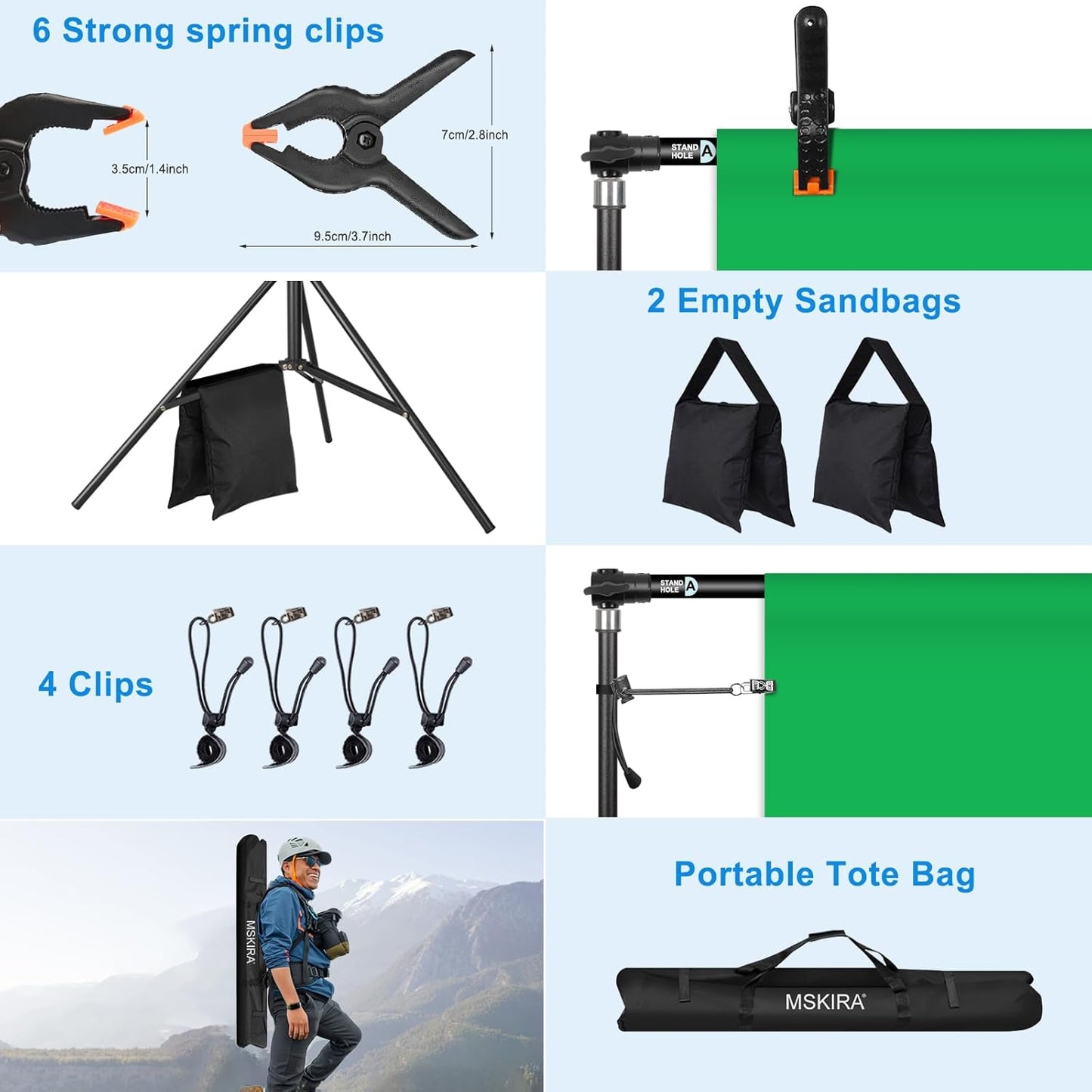 10 x 6.9 Ft Photo Backdrop Support Stand, MSKIRA Adjustable Background Stand, Backdrop Support System Kit for Parties Screen Back Drops Events Decoration, with 6 Clamps, 4 Clips, 2 Sandbags, Carry Bag