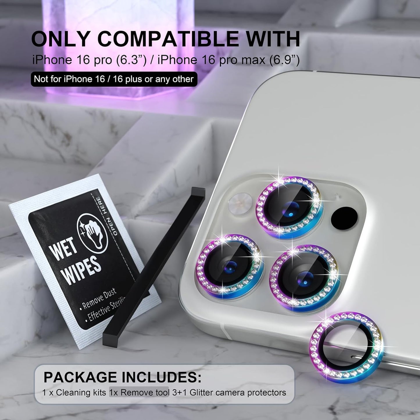 Choiche Compatible for iPhone 16 Pro/iPhone 16 Pro Max Camera Lens Protector Bling, 9H Tempered Glass Camera Cover Screen Protector Metal Ring Decoration Accessories (Diamond-Colorful)